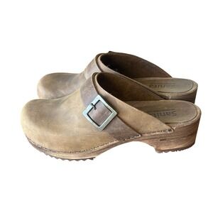 Sanita Wood Open Back Clogs Brown Distressed Leather Buckle Mules Womens 38